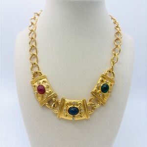 AVON vintage 90s Etruscan gold necklace with glass cabochons and rhinestones